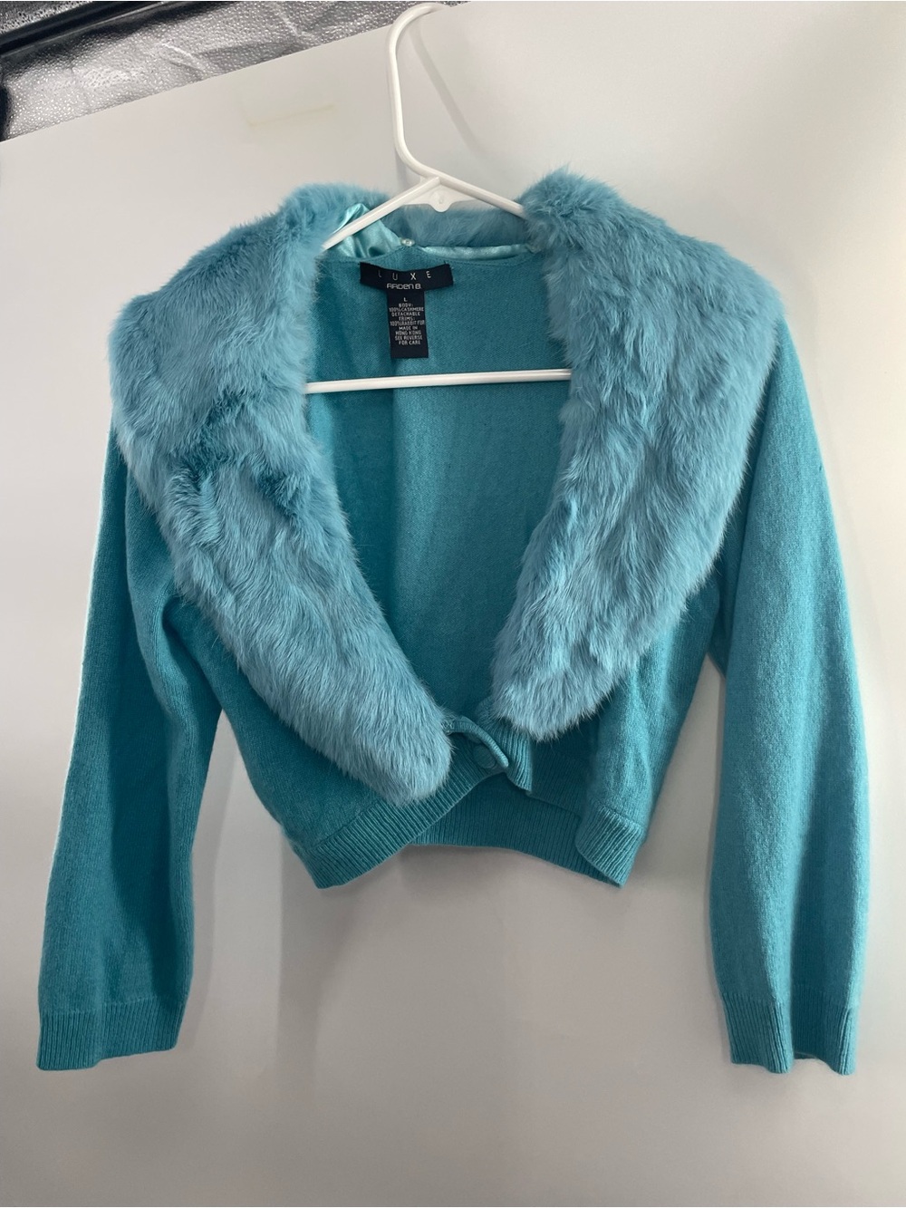 Y2k Arden B Turquoise Removable Rabbit Fur Collar CashmereCropped Cardigan